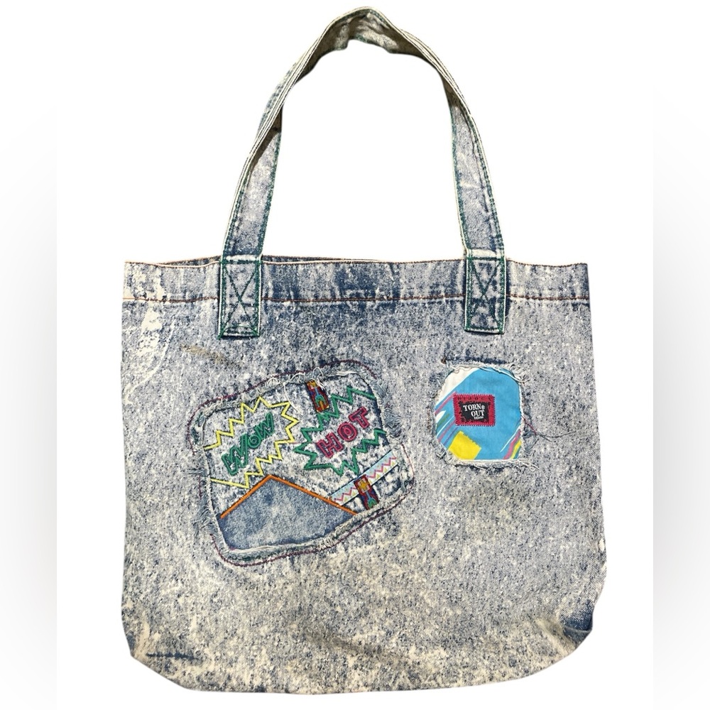 Vintage 1980s 20" Acid Wash Denim Tote Bag with Patches Velcro closing